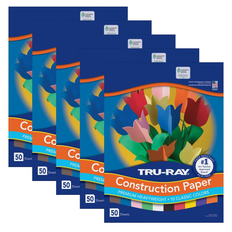Tru-Ray Construction Paper, Standard Assorted, 12" x 18", 50 Sheets Per Pack, 5 Packs, 1 of 2