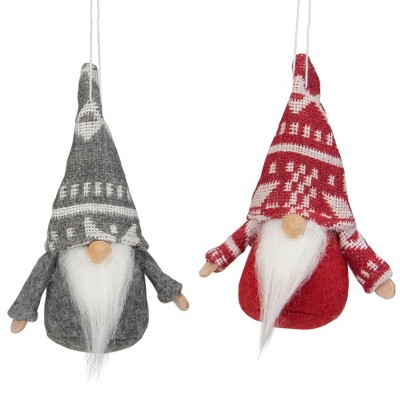 Northlight 2-Piece Tiny Gray Faux Fur Christmas Santa Gnome with Red Hat Ornaments 6”