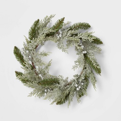 22" Glittered Cedar Artificial Christmas Wreath with Metallic Silver Berries - Wondershop™