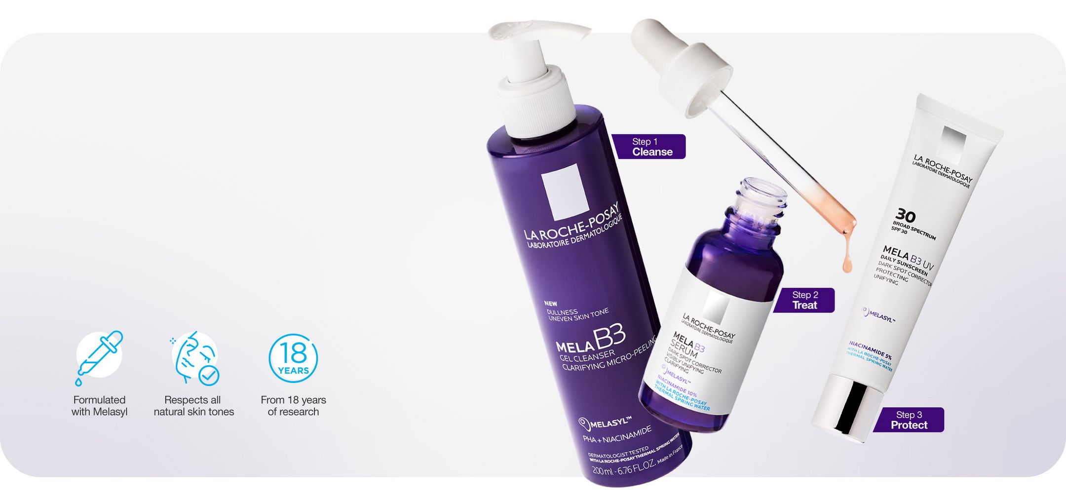 Step 1 Cleanse. Step 2 Treat. Step 3 Protect. 
Formulated with Melasyl. Respects all natural skin tones. From 18 years of research.