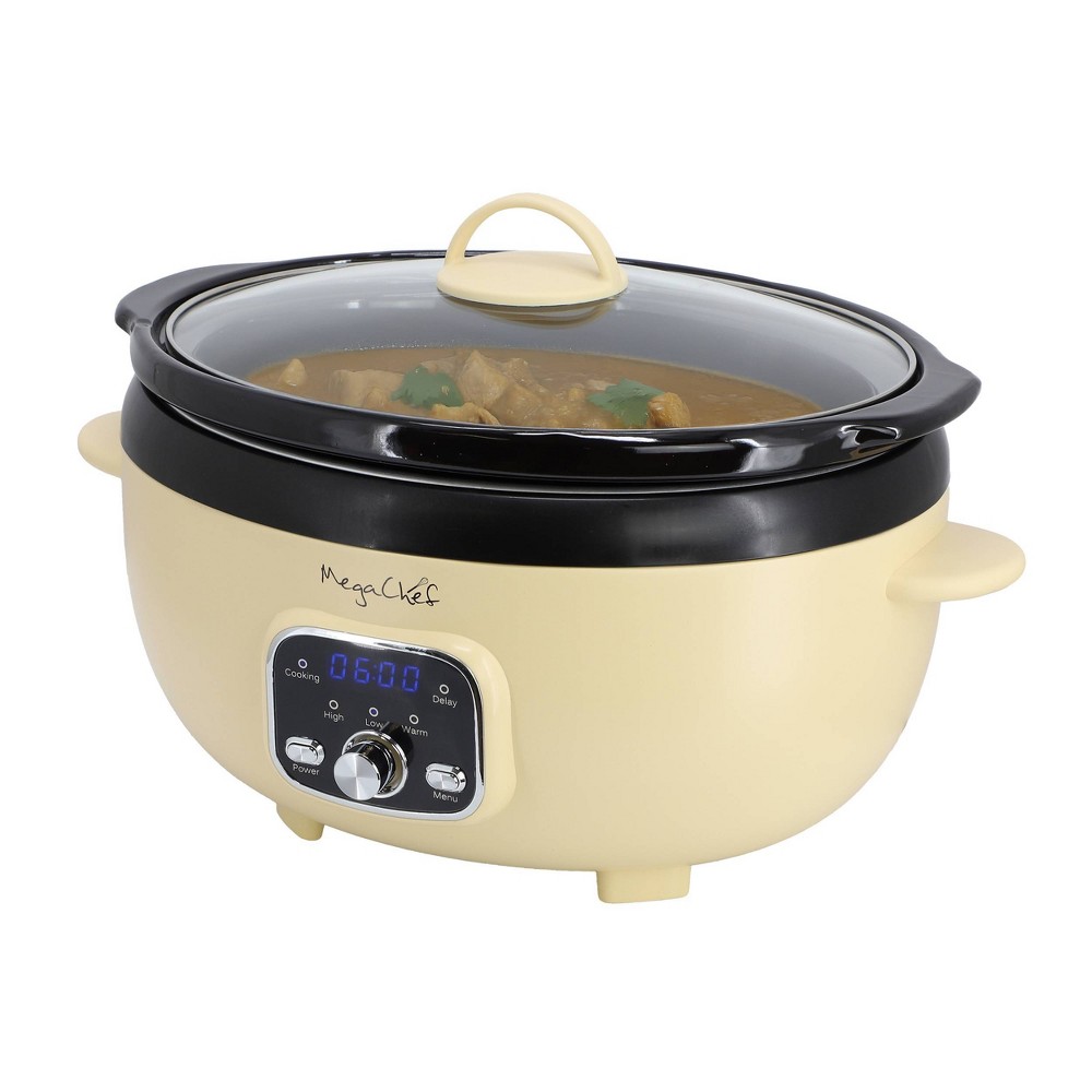 MegaChef 3.31qt Oval Electric Slow Cooker Ivory: Stainless Steel, Ceramic, Glass, Digital Timer, Keep Warm, 200W, Dishwasher-Safe