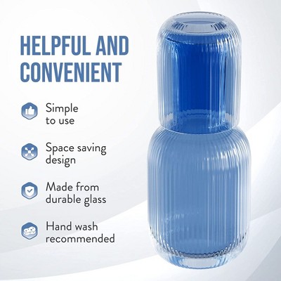Blue Ribbed Glass Bedside Water Carafe with Tumbler Lid