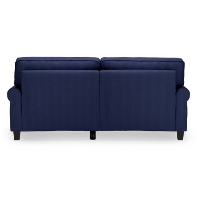 Navy Blue Leather Rolled Arm Sofa with Pillow Back