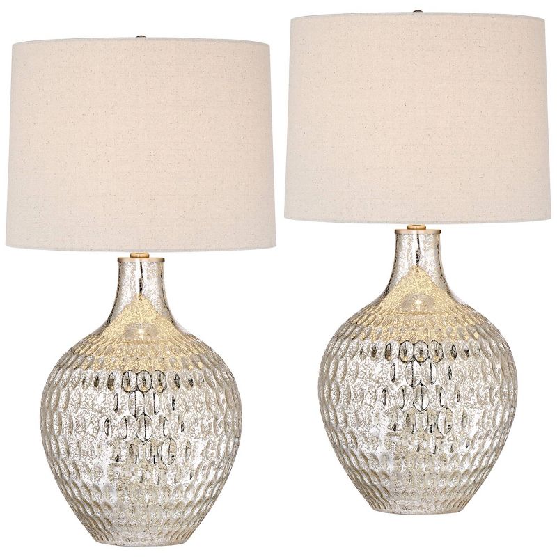 360 Lighting Waylon 28" Tall Modern Luxe Coastal End Table Lamps Set of 2 Silver Mercury Glass Off-White Shade Living Room Bedroom Bedside Nightstand, 1 of 9