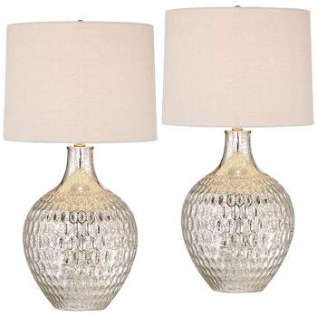 360 Lighting Waylon 28" Tall Modern Luxe Coastal End Table Lamps Set of 2 Silver Mercury Glass Off-White Shade Living Room Bedroom Bedside Nightstand