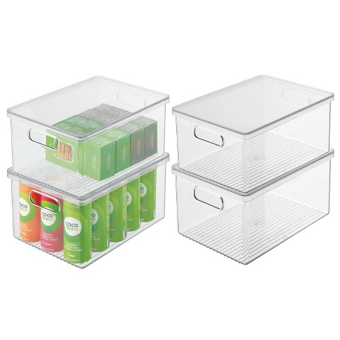 mDesign Ligne Plastic Kitchen Food Storage Bin with Handles and Lid, 4 Pack  - 10.67 x 6.16 x 3.2, Clear/Clear