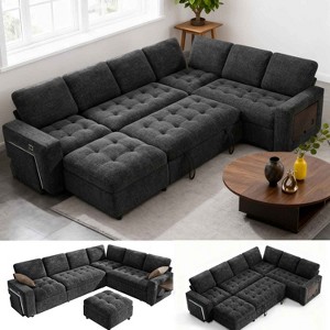Vipbear 7-Seat Modular Sectional Sleeper Sofa with Pull-Out Bed, Reclining Backrest, USB Ports, Table, LED Lights & Storage Seats,Gray - 1 of 4