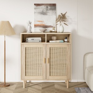 Rattan Buffet Cabinet with 4 Doors and Shelf - Multifunctional Storage Sideboard for Dining, Kitchen, Living Room, and Entryway Home Decor - 1 of 4