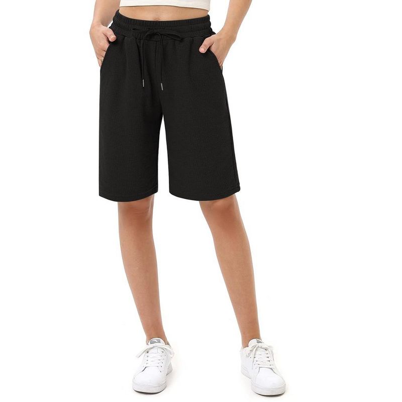 Women's Bermuda Shorts with Zipper Pockets Casual Summer Drawstring Jersey Shorts Elastic Waist Comfy Waffle Shorts, 1 of 6