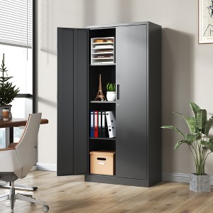 71"H Metal Garage Storage Cabinet, Black Tool Steel Locking Cabinet with Doors and 3 Shelves, Black - 1 of 4