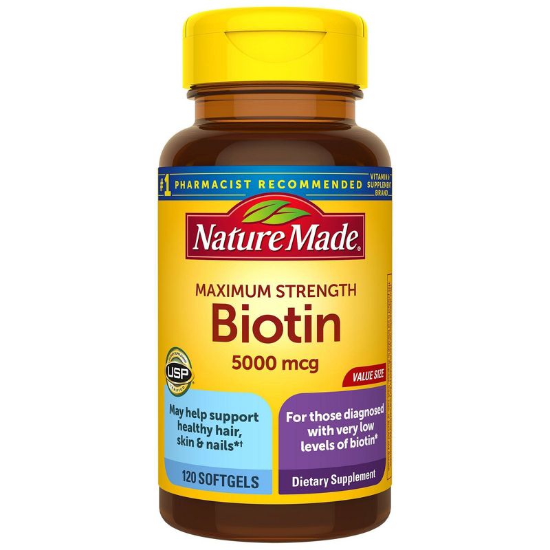 Nature Made Maximum Strength Biotin 5000 mcg Softgels for Healthy Hair, Skin &#38; Nails - 120ct, 1 of 8