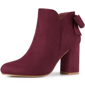 Allegra K Women's Round Toe Bow Decor Chunky Heel Ankle Boots - 1 of 4