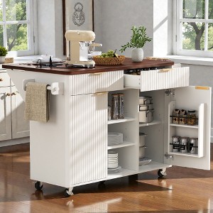 Mshliw 52" Fluted Kitchen Island with Drop Leaf, Rolling Kitchen Cart with 2 Doors, 2 Drawers & Adjustable Shelves, Rolling Island Table - 1 of 4
