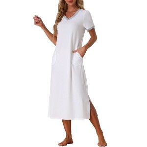 cheibear Women's V Neck Short Sleeves with Pockets Slit Long Nightgown - 1 of 4