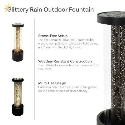 Tall Black Zinc Outdoor Water Fountain with Warm White LED Lights