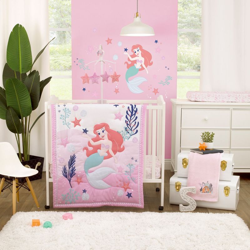 Disney The Little Mermaid Ariel Cute by Nature White and Pink Star Fish and Coral Reef 3 Piece Nursery Mini Crib Bedding Set, 1 of 6