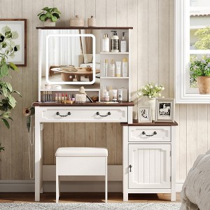 Makeup Vanity Desk with LED-Light Mirror with Charging Station and Bedside Table, Brown White - 1 of 4