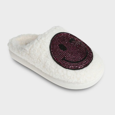 Kensie Slippers for Kids Smiley Face Slipper Shoes for Girls - Fuzzy Cute Slipper with Rhinestones for Little Kid/Big Kid