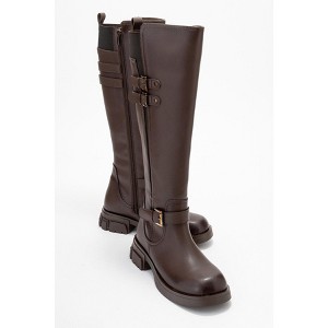 Sia - Cognac Stretch-Panel Flat Knee-High Boot (Women) | Prologue Shoes - 1 of 4