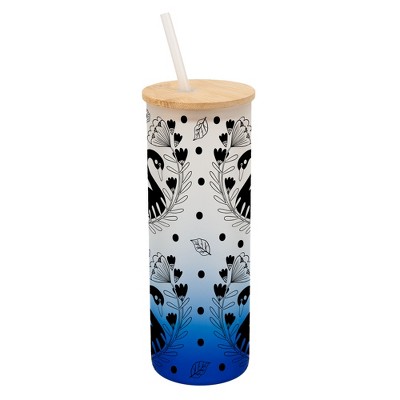 Elanze Designs Regal Swan Bird Flower Garden Wrap-Around Design 25 Ounce Frosted Gradient Glass On-The-Go Coffee Travel Skinny Tumbler Mug Cup, Bamboo