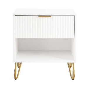 Gulches 20" White Fluted Nightstand, 1 Full Extension Drawer with Gold Metal Handles & Legs, MDF Bedside Table (20.07"L x 17.73"D x 21.65"H) - 1 of 4