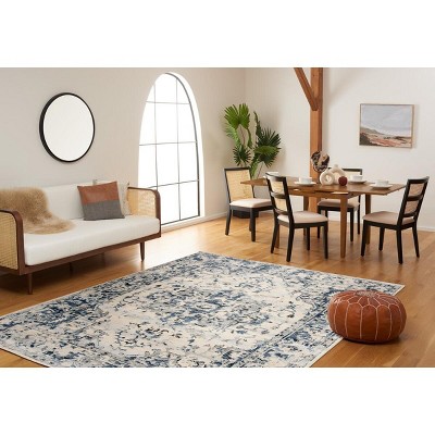 Ivory and Navy 8' x 10' Synthetic Oriental Area Rug