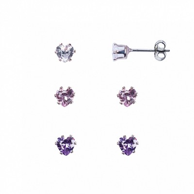 FAO Schwarz Clear, Purple and Pink Heart Stone Trio Earring Set