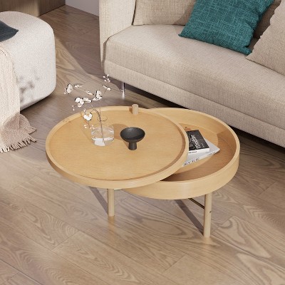 TIRAMISUBEST Modern Round Wood Rotating Tray Coffee Table with Storage & Metal Legs, Center Table with Rotating Top and Hidden Storage