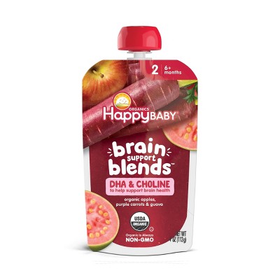Happy Baby Brain Support Blends, Organic Stage 2 Baby Food with DHA & Choline - 4oz