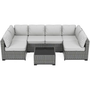 7-Piece Wicker Patio Sofa Set, Outdoor Sectional Couches with Coffee Table and Cushions for Garden and Porch - 1 of 4