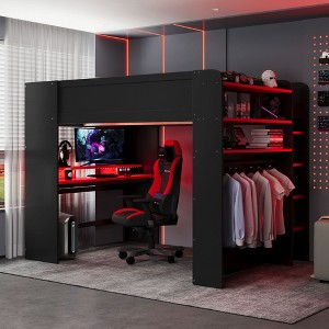 Full Size Wood Bunk Bed with Height-adjustable Desk and RGB Light - 1 of 4