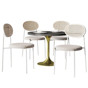 LeisureMod 5-PC Dining Set - 36" Round Dining Table Black MDF Top & Gold Base, 4 Velvet Dining Chairs in White Steel Legs - 1 of 4