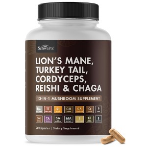 13in1 Mushroom Complex Supplement, Organic Lions Mane, Reishi, Turkey Tail, Cordyceps & more for Energy, Focus & Memory Support, Bioschwartz, 90ct - 1 of 4