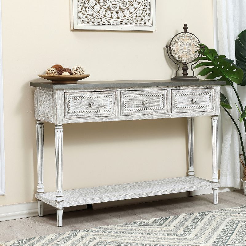 LuxenHome Distressed White Wood and Metal 3-Drawer 1-Shelf Console and Entry Table, 3 of 15