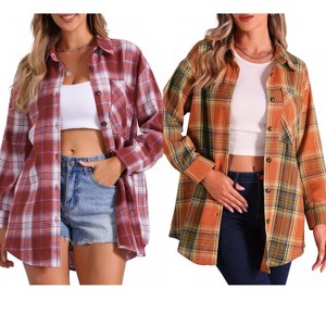 INSPIRE CHIC Women's Vintage Plaid Flannel Long Sleeve Button Down Collar With Pocket Casual Shirts 2 Packs - 1 of 4