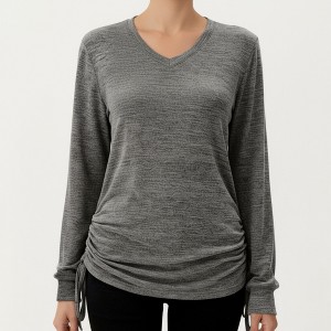Anna-Kaci Women's Long Sleeve V-Neck Top with Side Drawstring Ruched Hem - 1 of 4