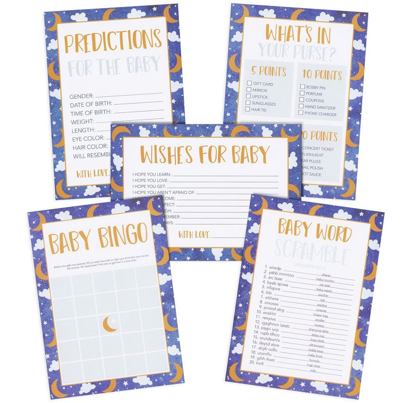 Juvale Set of 5 Over the Moon Baby Shower Games for 50 Guests, Twinkle Twinkle Little Star Bingo, Prediction Cards, Word Scramble, Well Wishes, 1 of 9