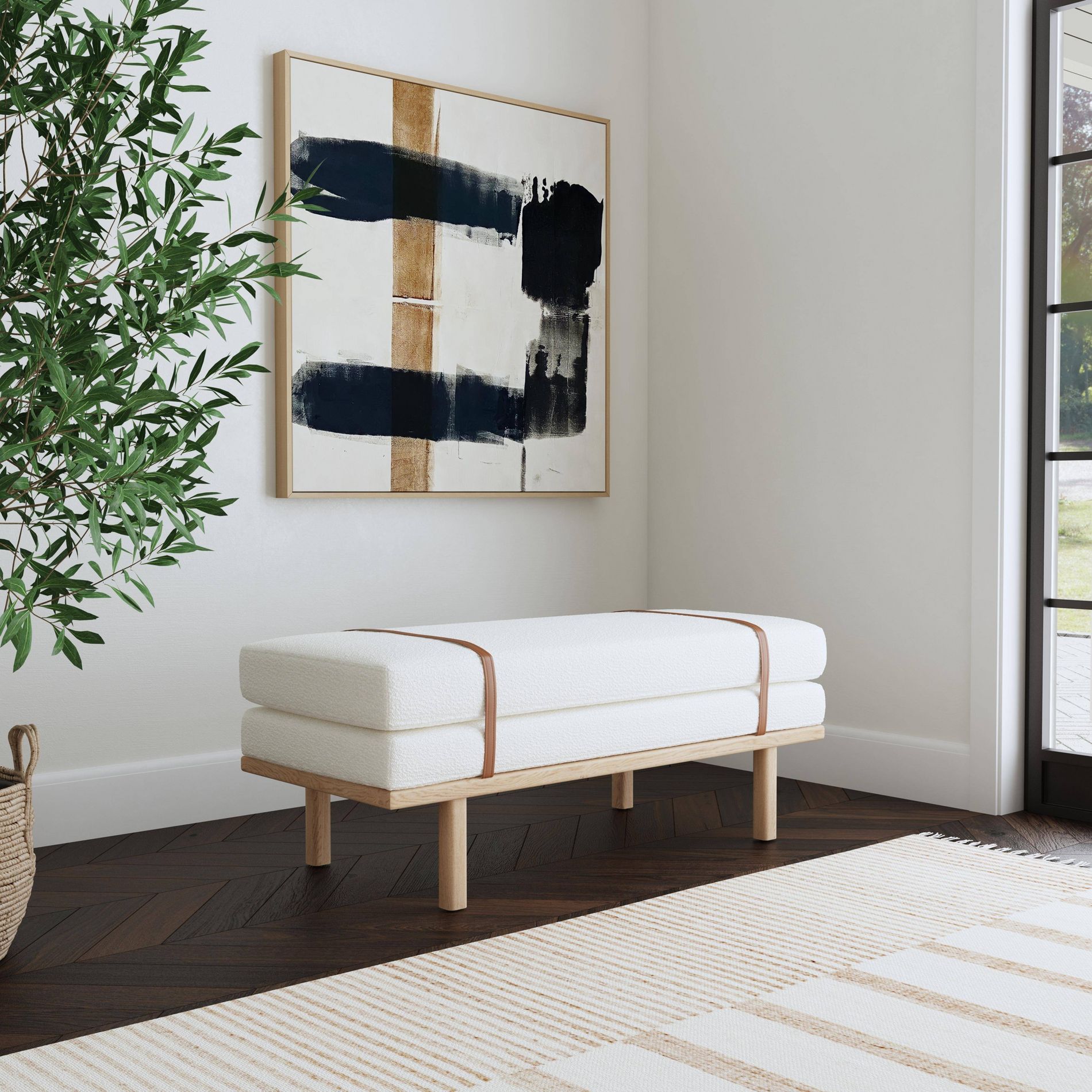 HomePop Upholstered Bench Cream Boucle/Natural: Wood Legs, Faux Leather Strap, Multipurpose Use