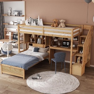 Twin over Twin Bunk Bed with Built-in Desk, Staircase, Storage Compartments and Shelves - ModernLuxe - 1 of 4