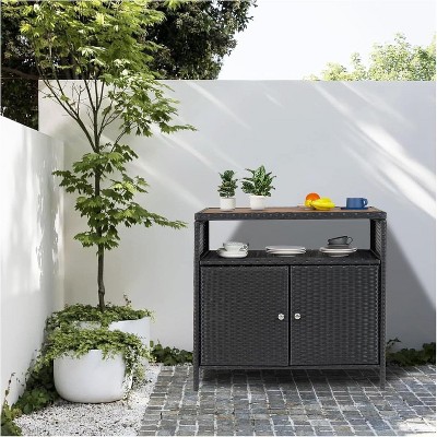 Versatile Outdoor Wicker Storage Cabinet with Shelf & Weather-Resistant Patio Bar Table, Convenient Access