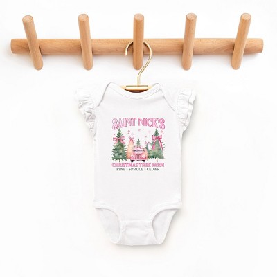 The Juniper Shop Coquette St. Nick's Tree Farm Baby Flutter Sleeve Bodysuit - 12 Month - White
