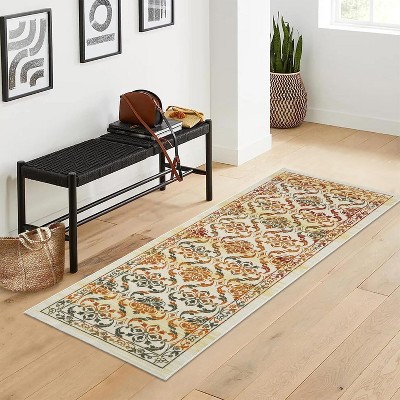 Area Rug Modern Floral Washable Rugs Ultra-Thin Non Slip Living Room Rug Low Pile Boho Floral Carpet Trellis Distressed Bedroom Rugs
