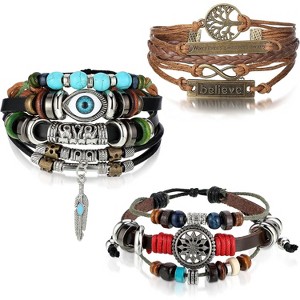 3-Pack Multilayer Woven Leather Bracelets with Evil Eye Beads, Bohemian Handmade PU Bracelets for Men & Women - 1 of 4