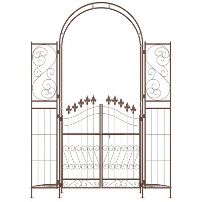 Brown Metal Garden Arbor with Fleur De Lis Motif and Gate