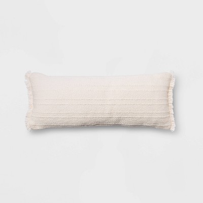 Oversized Cotton Textured Striped Lumbar Throw Pillow with Fringe Cream - Threshold™