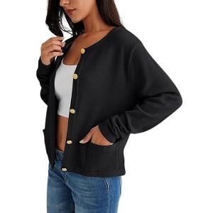 Women's Striped Button Cardigan Open Front Color Block Knit Sweater with Pockets - 1 of 2