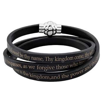 Men's Stainless Steel Lord's Prayer Wrap Leather Bracelet (6.5mm) - Black (8.5")