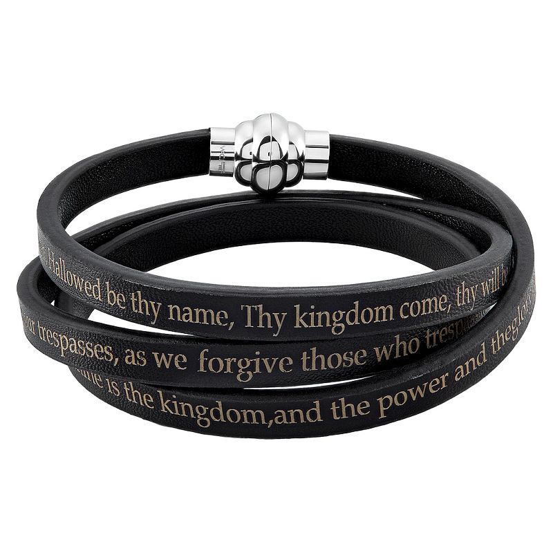 Men's Stainless Steel Lord's Prayer Wrap Leather Bracelet (6.5mm) - Black (8.5"), 1 of 4