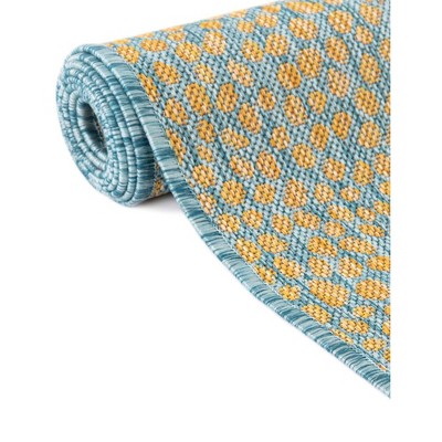 Round Blue and Yellow Stain-Resistant Outdoor Rug