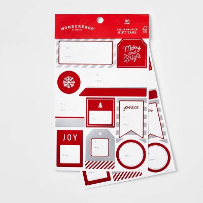 50ct Peel & Stick Gift Tags Red/White/Silver Stripes - Wondershop™